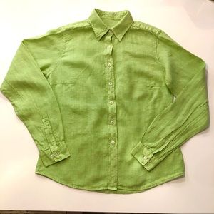 0039 Italy Linen Button Up Blouse Lime Green Long Sleeves Shirt Small US 4